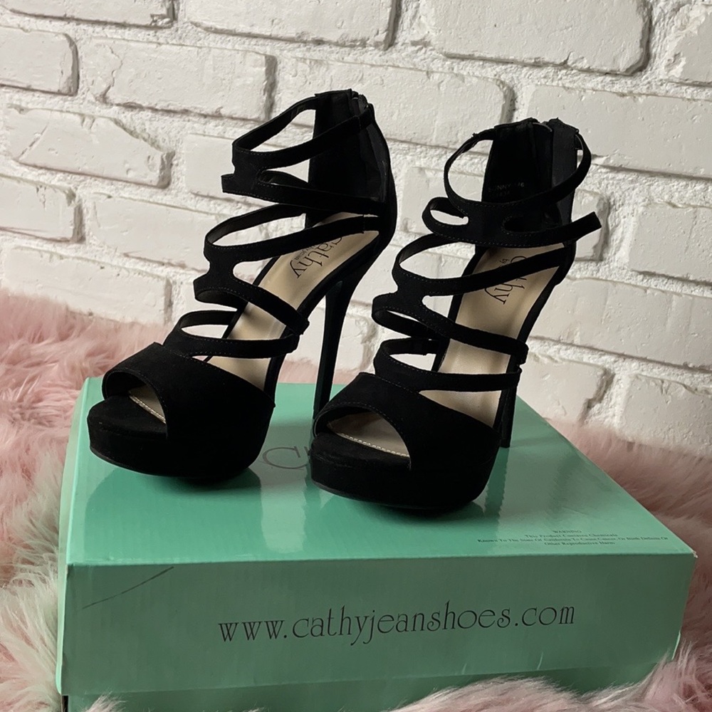 Cathy Jean Black Suede Strappy Heels